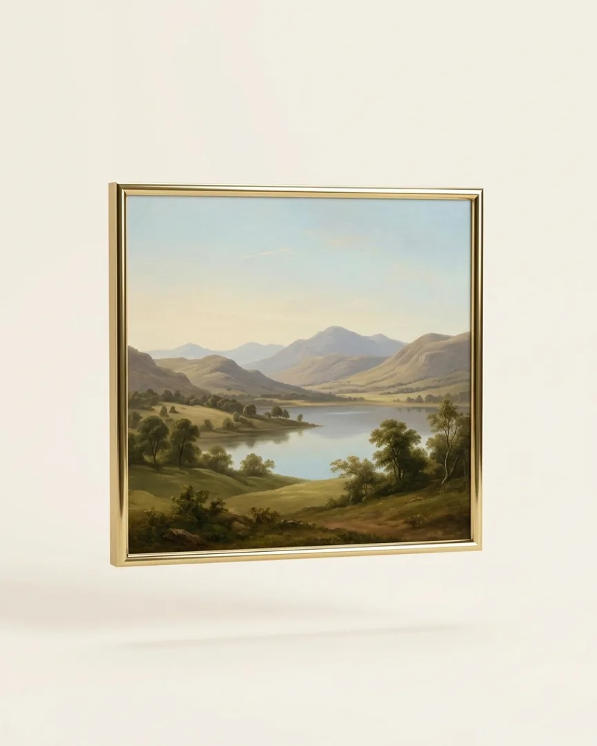 Framed paintings clustered in a stone gallery