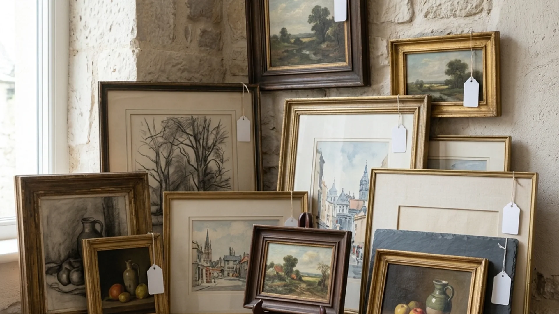 Framed paintings clustered in a stone gallery