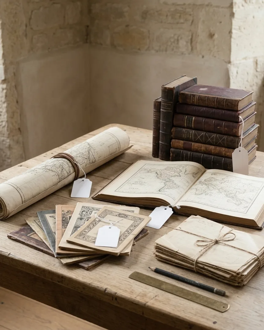 Several stacked books, a rolled map, and paper ephemera as lots