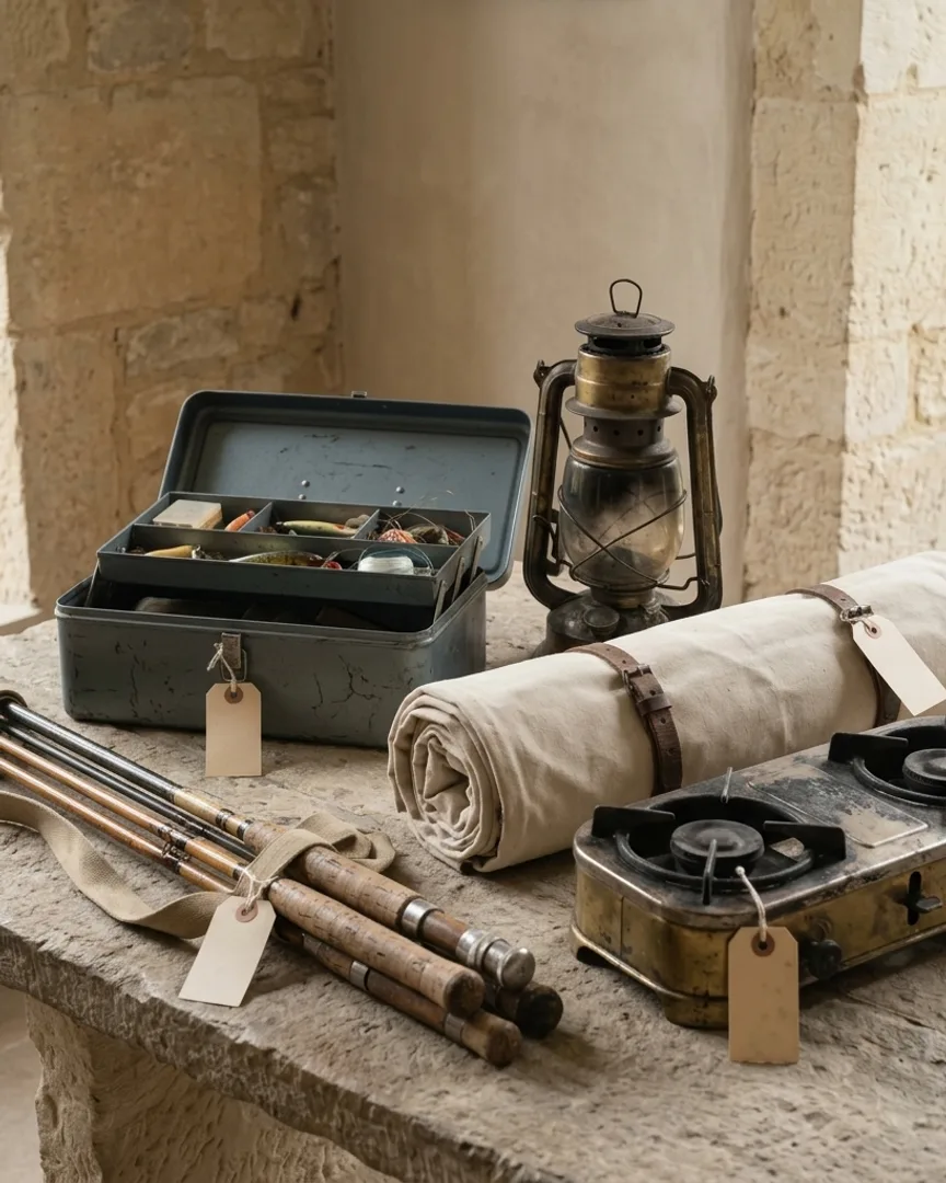 Camping gear, rods, and outdoor lots on a stone table