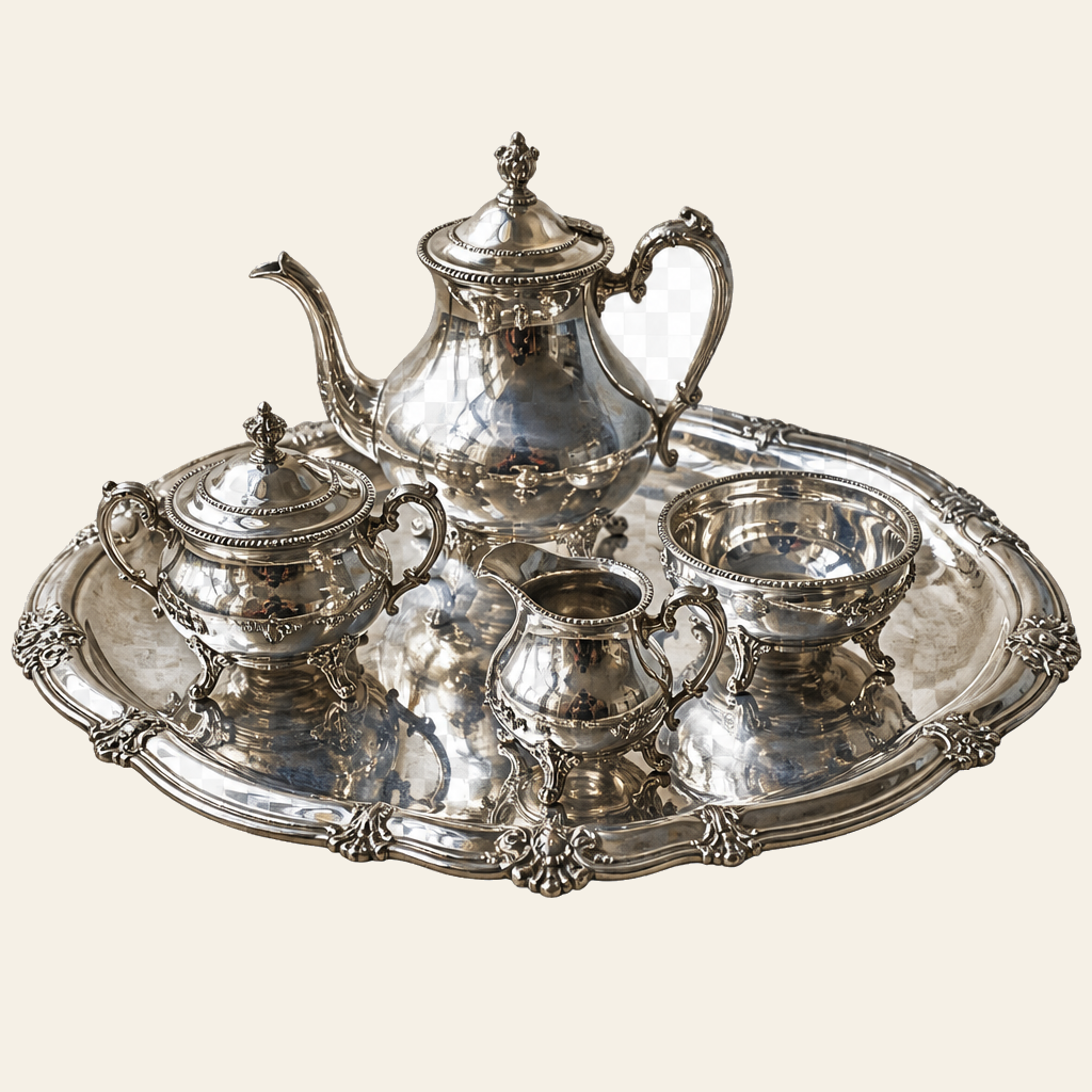 Silver tea service photographed as found