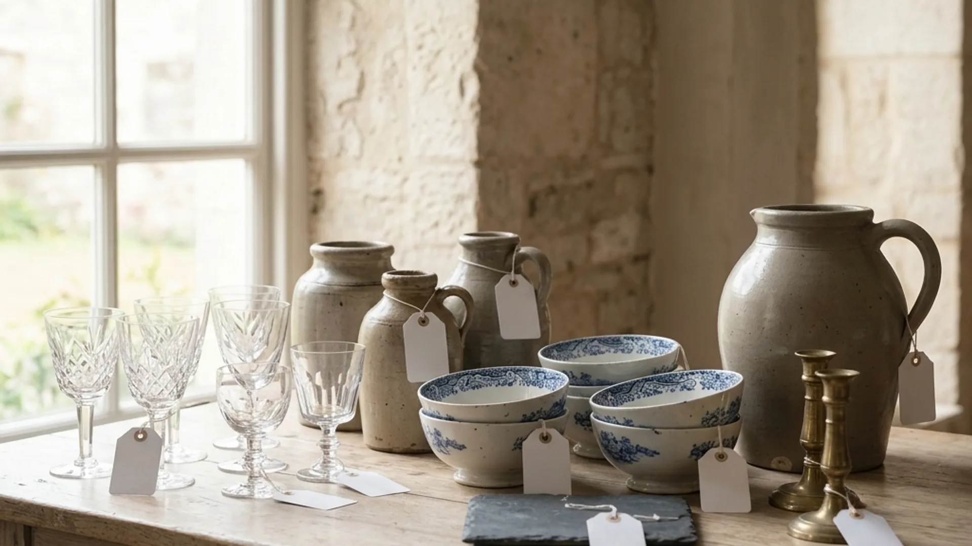 Glassware and studio pottery grouped on a sideboard