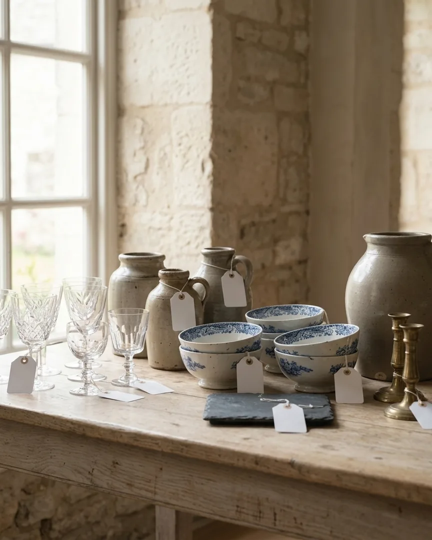 Several glass and ceramic lots on a stone table