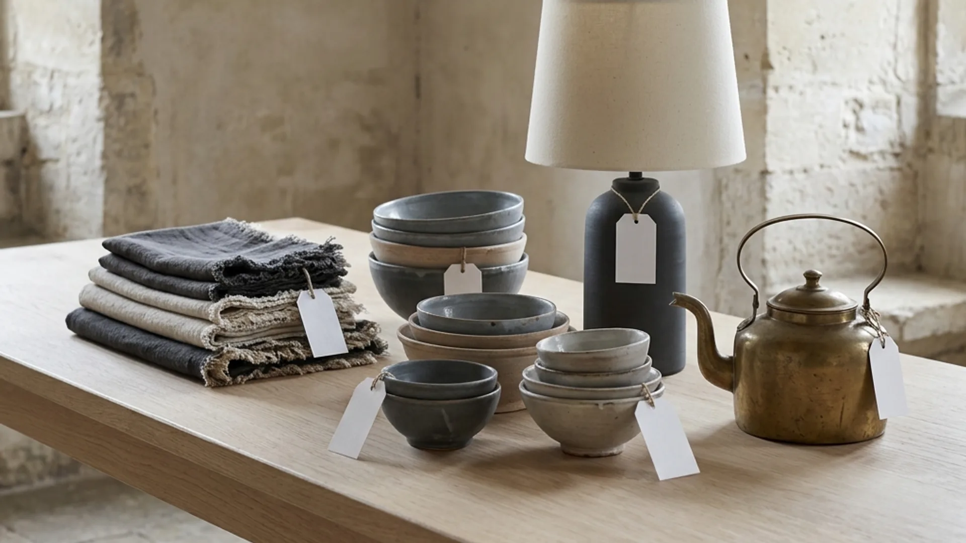 Household lots staged across a dining table