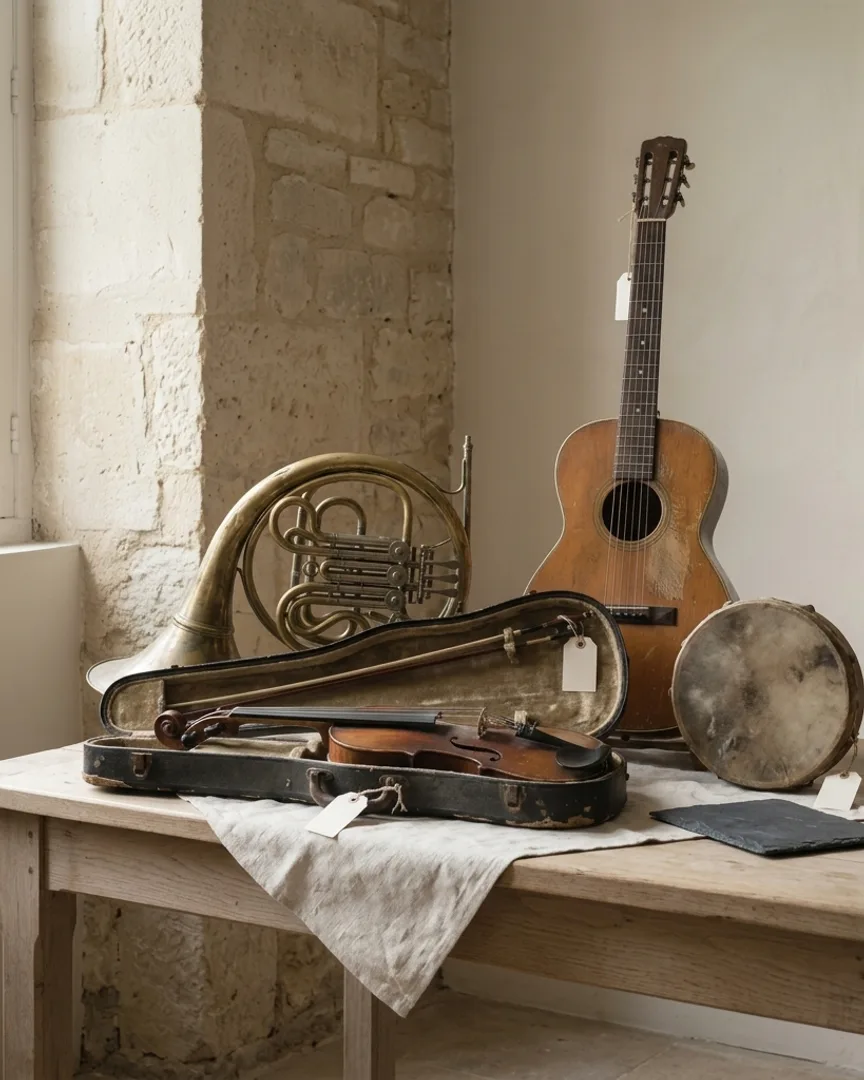 Several instruments — a guitar, brass, and a violin as lots
