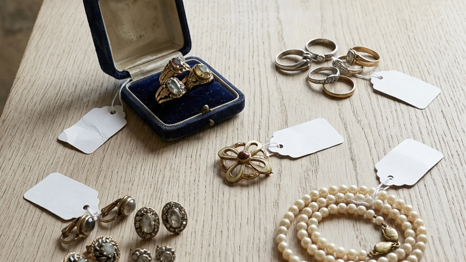 Rings, necklaces, and a jewelry box on oak