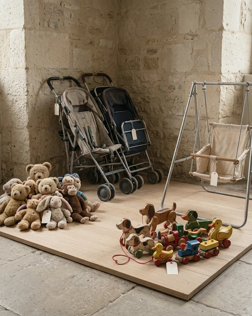 Kid and baby lots — a stroller, toys, and gear on oak