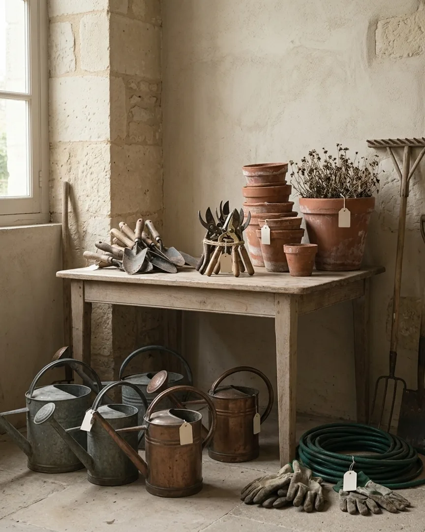 Garden tools, a planter, and outdoor lots in a stone courtyard