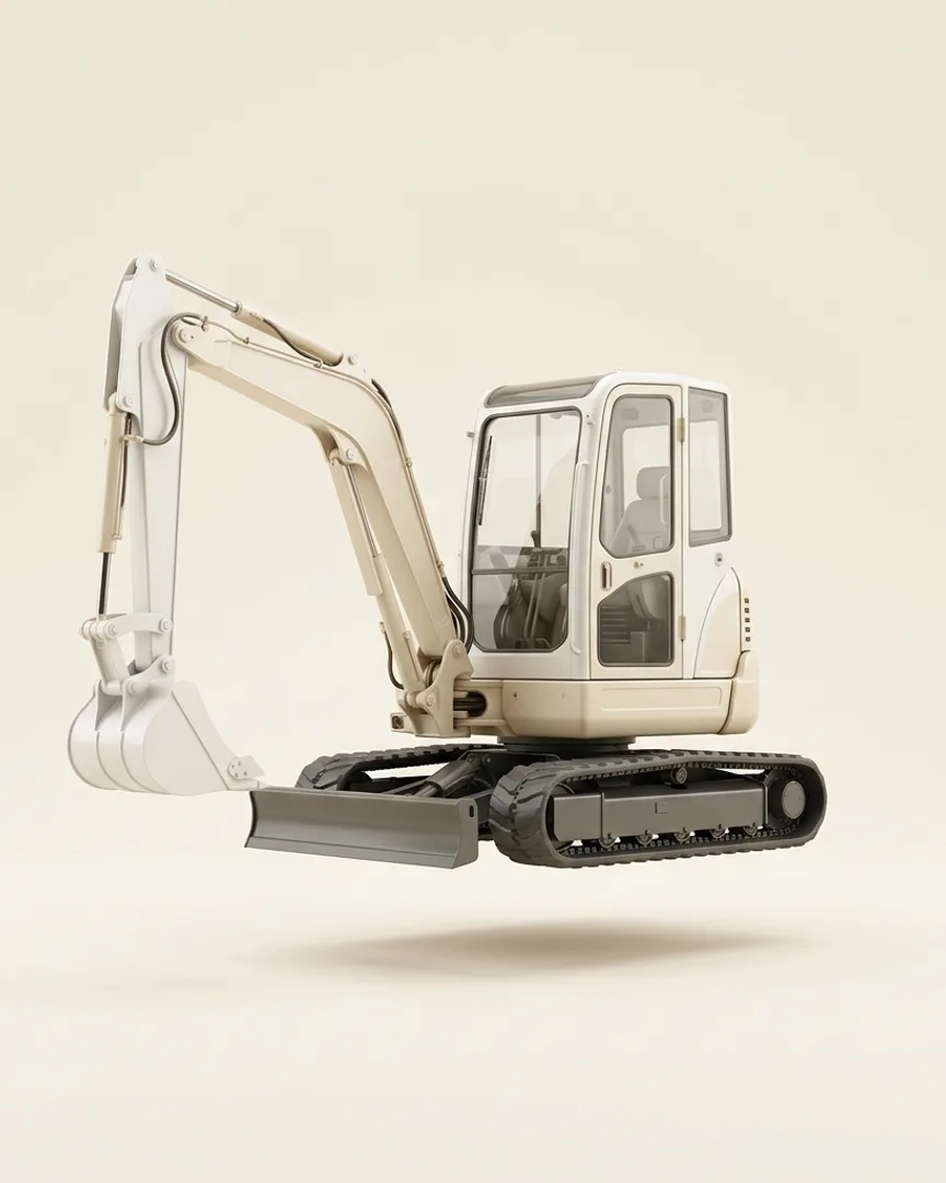 Several compact excavators and loaders in a stone courtyard
