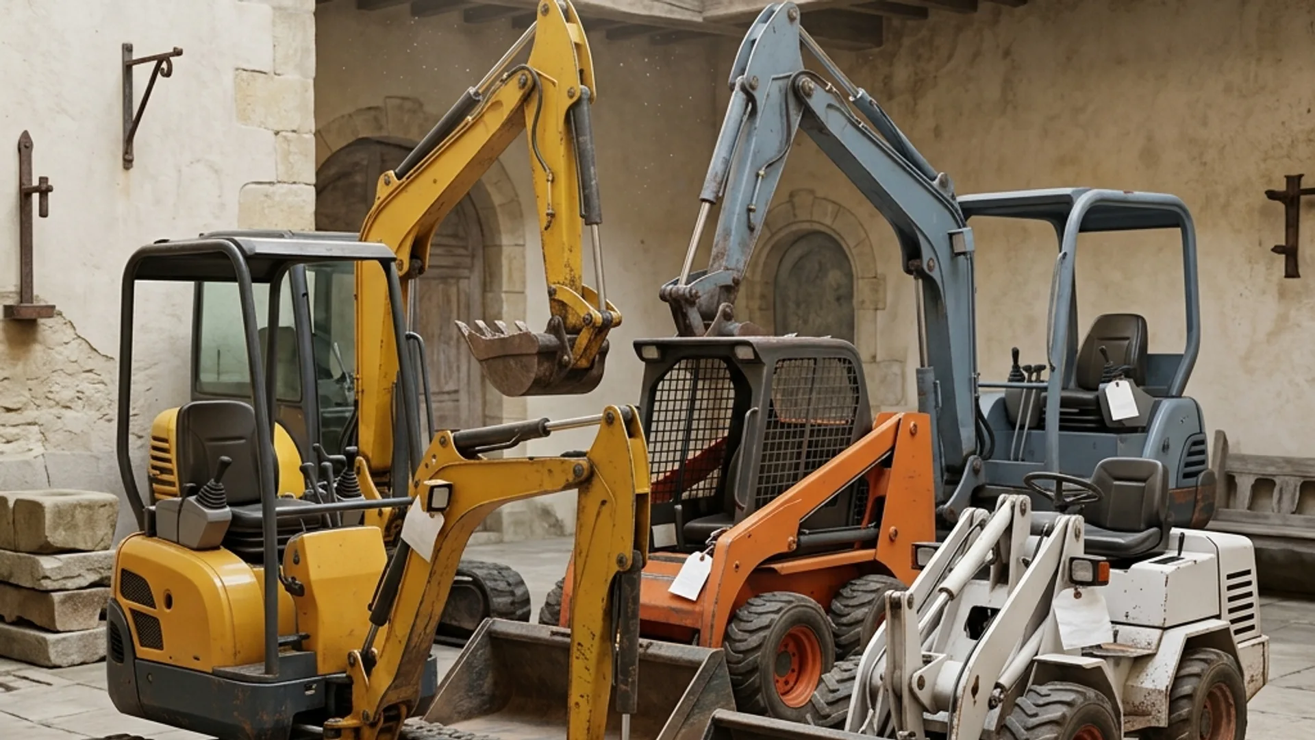 Several compact machines in a stone courtyard