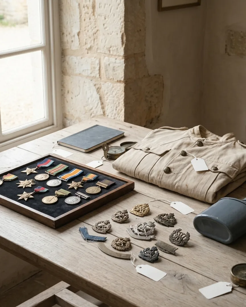 Military medals, a uniform jacket, and insignia as lots