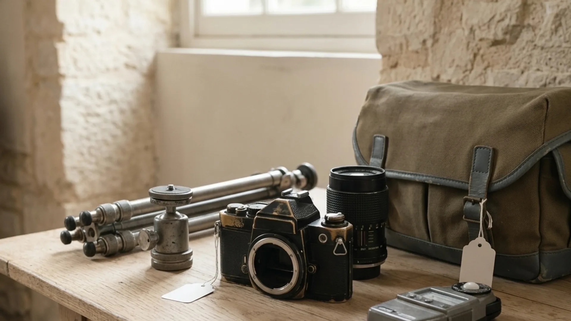 Cameras and lenses arranged on a work surface