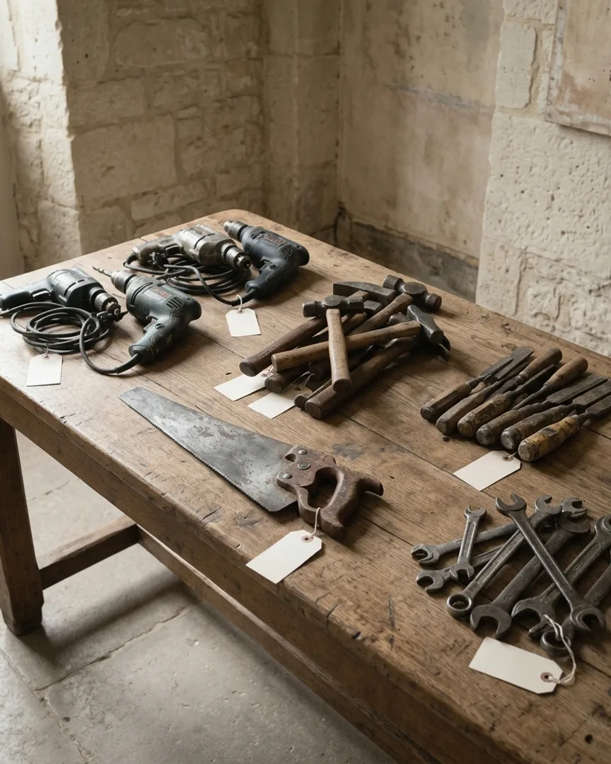 Several hand tools and power tools as lots on a stone table
