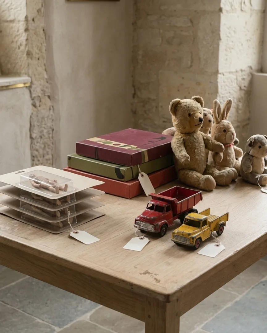 Toy lots arranged on a stone table