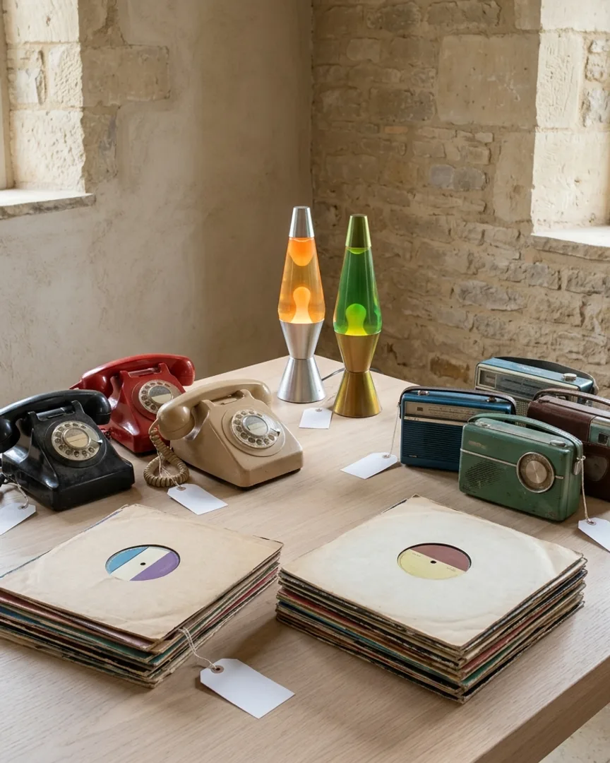 Mid-century lamps, radios, and household lots in a stone room