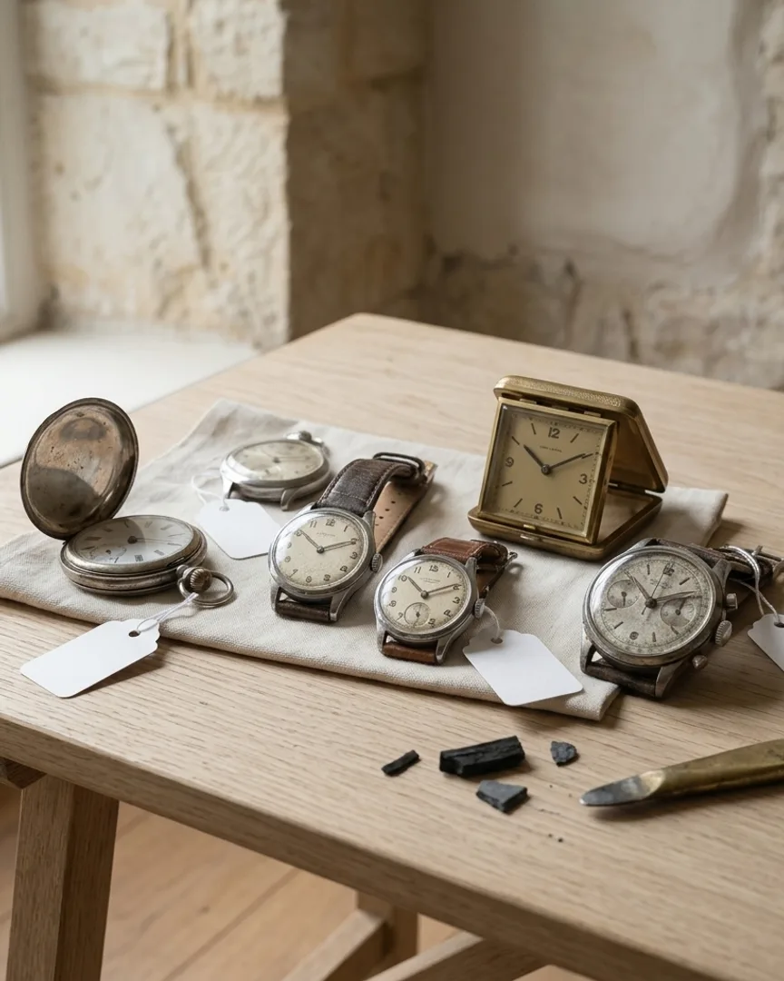Several watches and a pocket watch on oak in a stone room
