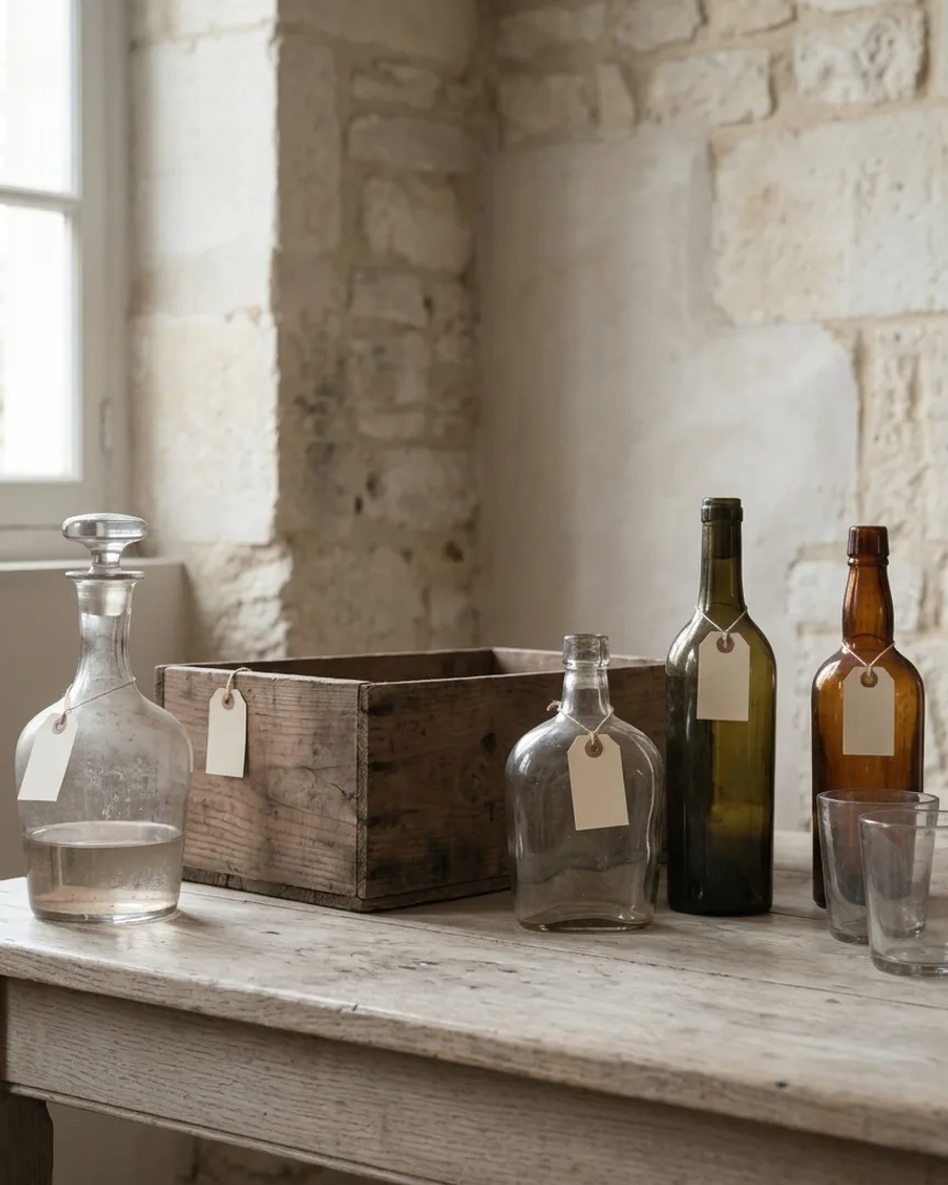 Several bottles, a decanter, and glasses as lots on oak