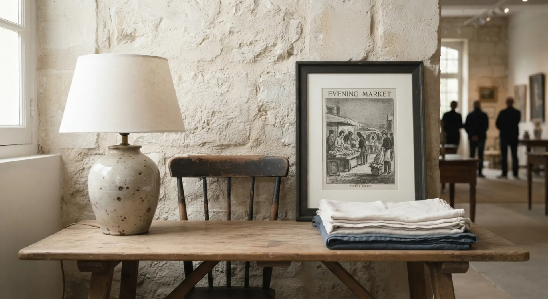 Tabletop of mixed estate lots in a stone room