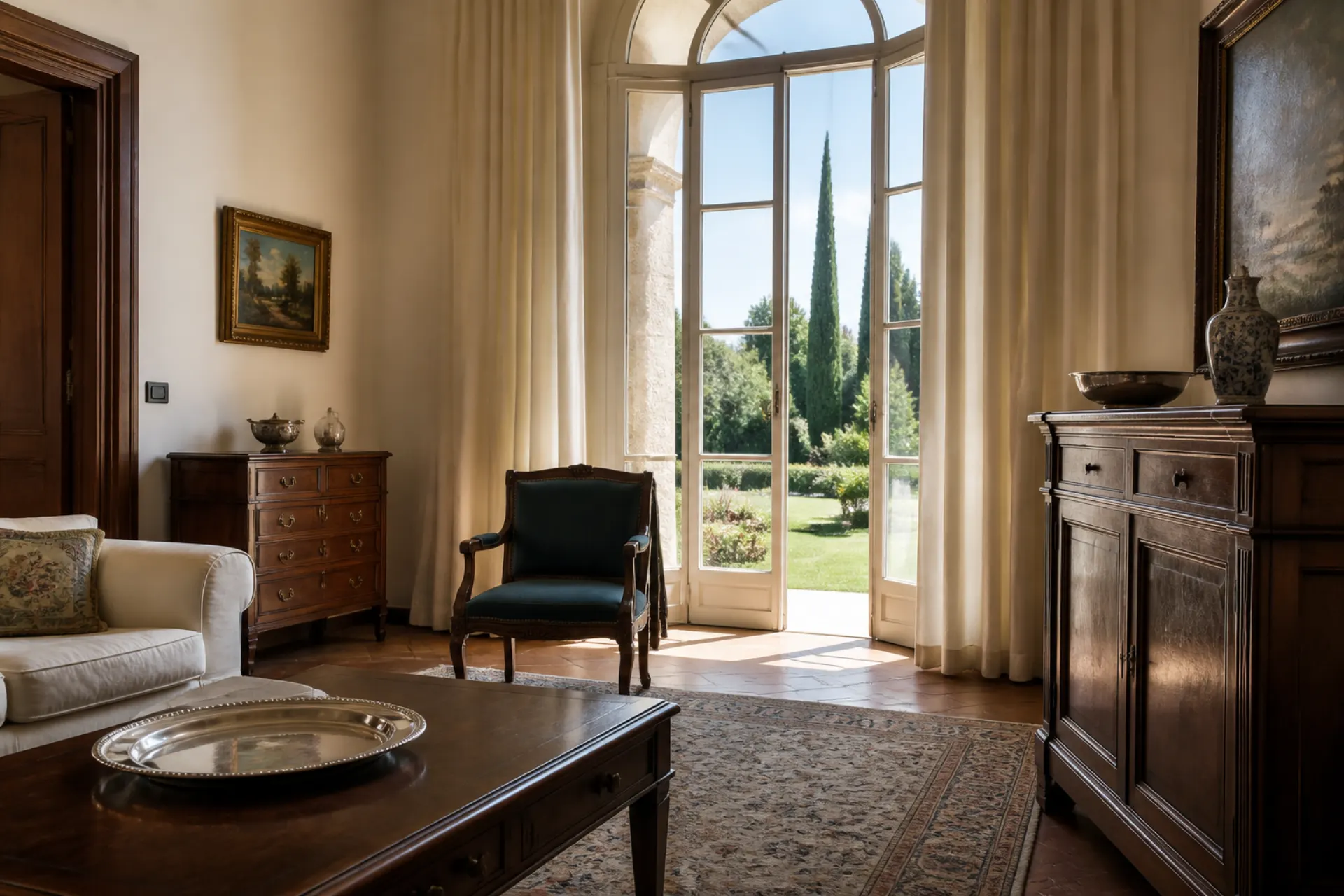 Sunlit living room with walnut furniture and a silver tray