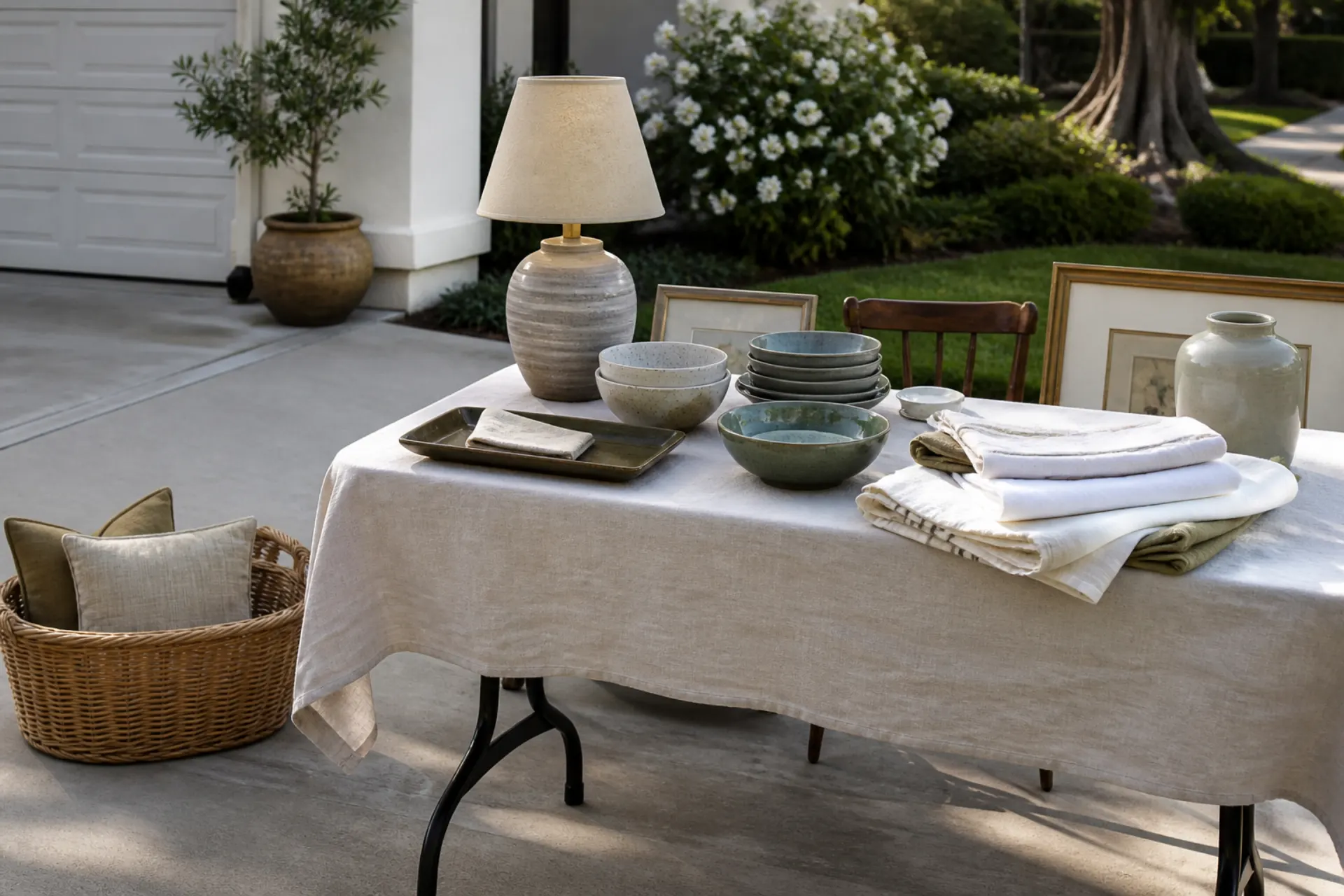 Morning driveway with household objects arranged on a table